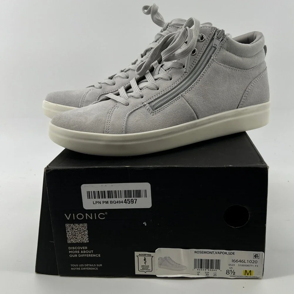 Vionic Women 8.5 Rosemont Suede Side-Zip Casual Sneakers Vapor Grey Arch Support